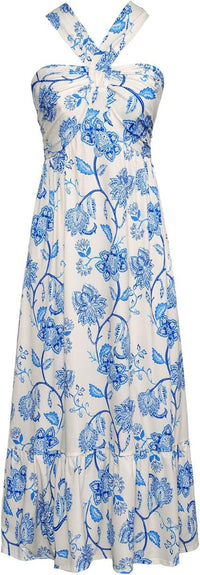 Cross-strap Halterneck Sleeveless Floral Maxi Dress