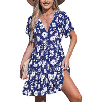 Resort-style Floral-print V-neck Short Sleeve Dress