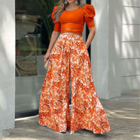 Puff Sleeve Cross Hem Short Top Printed Wide Leg Pants Suit