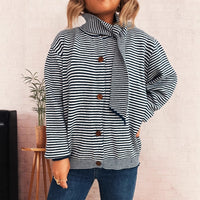Elegant Retro Pinstripe Single-breasted Scarf Knitted Cardigan Sweater