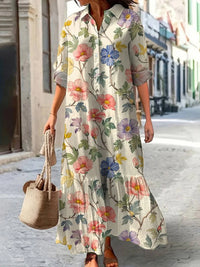 Womens Long-Sleeve Lapel-Neck Digital-Print Dress
