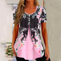 Summer New Women's Round Neck Printed Fake Two Pieces Short Sleeve Shawl Pullover T-shirt Tops