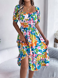 Women's Casual Floral Print Square Neck Short Sleeve Tie Waist Ruffle A-Line Dress