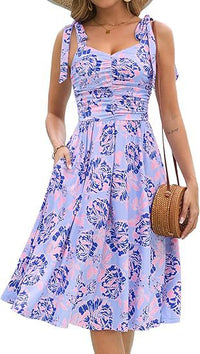 V-Neck Elegant Floral Print Waist-Cinching Lace-Up A-Line Dress Womens Wear