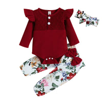 Sunken Stripe Long-sleeved Triangle Romper Flower Print Trousers Baby Girl Children's Suit