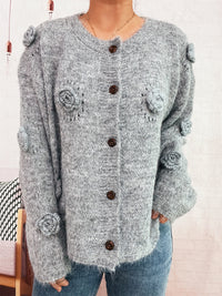 Three-dimensional Flower Cutout Knitted Coat Round Neck Cute Sweater