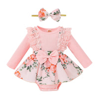 Baby Girl Autumn New Lace Cotton Sunken Stripe Stitching One-piece Romper