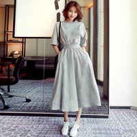 Slimming Defined Waist High-Waisted Round Neck Long Dress