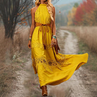 Womens Lace-Patchwork Ethnic-Style Sleeveless Dress