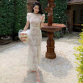 Womens Short-Sleeve Beige One-Piece Fishtail Maxi Dress