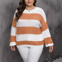 Plus Size Women's Clothing Style Contrast Color Striped Color Pullover Sweater