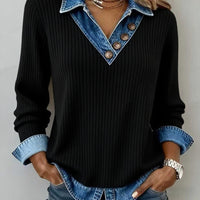 Womens Denim-Trim Patchwork Mock Two-Piece V-Neck Long-Sleeve Casual Top
