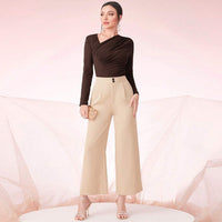 Womens Slant-Neckline Slim-Fit Pleated Versatile Base Top Long-Sleeve Blouse