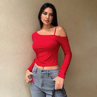 European And American Slanted Collar Sweet And Spicy Style T-shirt Autumn And Winter Crop Top Design, Short Red Top For Women