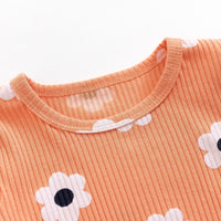 Girls' Small Sunflower Sunken Stripe Long Sleeve Round-neck Shirt Bell-bottom Pants Two-piece Set