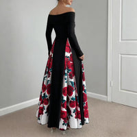 Off-shoulder Contrast-color Patchwork Long-sleeve Elegant Figure-flattering Dress