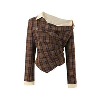 Plaid Off-the-Shoulder Fake Two-Piece Long-Sleeve Shirt For Women