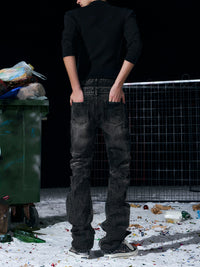 Mens Bamboo-Stripe Double-Waist Metal Button Cat-Foot Denim Jeans