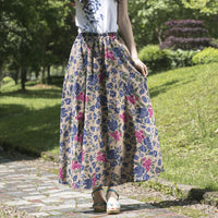 Women's Ethnic Style Cotton And Linen Half-length Elastic Waist Large Swing Skirt A- Line Skirt