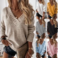 Solid-color Womens V-neck Long-sleeve Pullover Knit Top