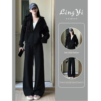 Casual Sportswear Lazy Style Loose-Fit Gray Hoodie With Wide-Leg Pants Two Piece Set