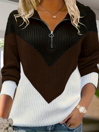 Casual Lapel Contrast-color Long-sleeve Knitted Zip-up Sweater