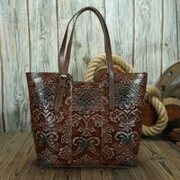 Vintage Embossed Full-Grain Leather Large-Capacity Tote Bag