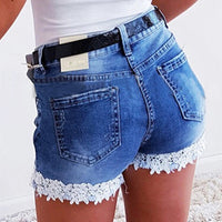 Autumn New Slimming Stretchy Lace Trim Denim Shorts