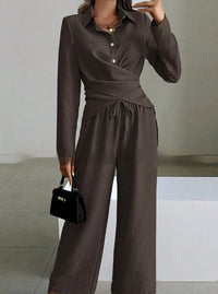 Women's Elegant Shirt Top And Wide-Leg Pants Two-Piece Set