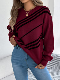 Women Casual Striped Round Neck Lantern Sleeve Long Sleeve Pullover Sweater