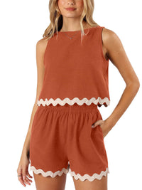 Summer Two-Piece Set Linen Lace-trimmed Crew-neck Tank Top And Short Pants