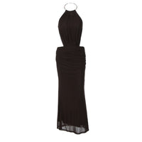 Metal Ring Halter Neck Sexy Backless Tie-waist Long Dress