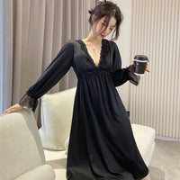 Women's Spring Autumn Lace V-Tie Satin Nightdress