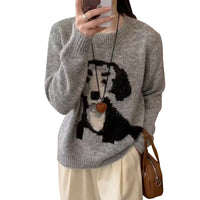 Round Neck Cartoon Pattern Gray Sweater For Women