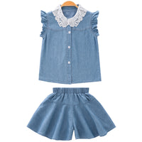 Girls' summer lace collar denim suit