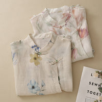Real-shot In-stock Artistic Cotton-linen Printed Sheer Blouse Vintage Lightweight And Cool-chic Top