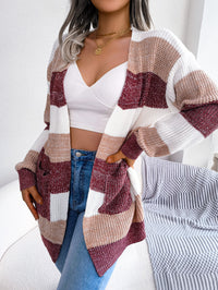 Women Color Block Stripe Lantern Sleeve Casual Cardigan Sweater Coat