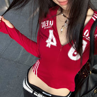 Womens Retro Streetwear Sporty V-Neck T-Shirt With Letter And Number Print
