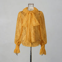 Lantern Sleeve Bow Tie Lace Embroidered Shirt