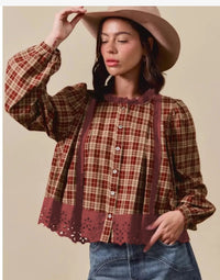 Red Dahlia Check Hollow Lace Edge Button Loose Long Sleeve Shirt