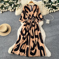 Lantern-sleeve Tie-Dye Printed Dress Womens SpringSummer High-End Defined-Waist Flared Maxi Dress