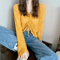 Drawstring V-neck Relaxed-fit Sun-protective Long-sleeve Cover-up