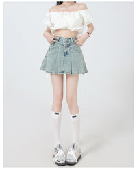 Retro High Waist Slimming Light Blue Denim Pleated Skirt