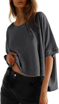 Solid-color Loose-fitting Short-sleeve Pullover With A Crew Neck