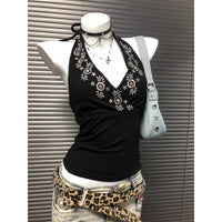 Niche Black V-Neck Embroidered Halter Backless Sophisticated Vintage Top