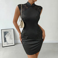 Embroidered Stand-up Collar Black Cheongsam Dress