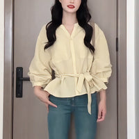 Loose, Casual, Slimming Lace-Up Shirt For Early Autumn Womens