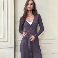 Milk Silk Comfortable Sleepwear For Women Long Sleeve Top And Long Pants Two Piece Set