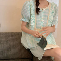Women's Fashionable Cotton Gauze Plaid Ruffle Short-sleeved Loungewear
