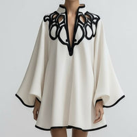 Loose-fitting Color-block V-neck Fashion Dress With Lace Trim
